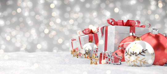 Red christmas baubles and gifts background 3D rendering