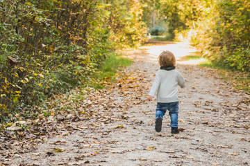baby playing on a forest path in autumn