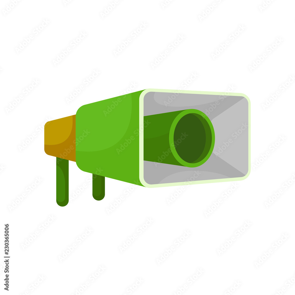 Poster flat vector icon of green metal megaphone. loud-speaker. device for voice amplification. for mobile 