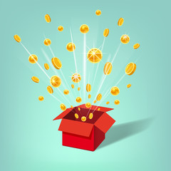 Open Red Gift Box and Coins. Christmas and other Holidays, Present, Win Background. Vector Illustration. Cartoon style