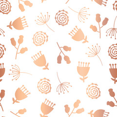 Copper foil tulip flower vector seamless pattern background. Elegant rose gold florals on white backdrop. Elegant design for gift wrap, party, birthday card, wedding, celebration, invitations