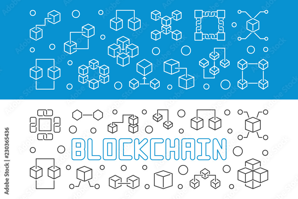 Poster set of two blockchain crypto vector line horizontal banners