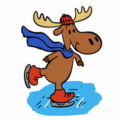 Smiling moose ice skating vector illustration 