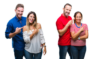 Collage of young and mature couple in love over isolated background cheerful with a smile of face pointing with hand and finger up to the side with happy and natural expression on face