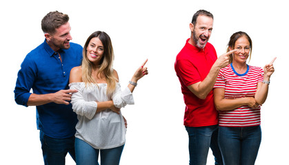 Collage of young and mature couple in love over isolated background with a big smile on face, pointing with hand and finger to the side looking at the camera.