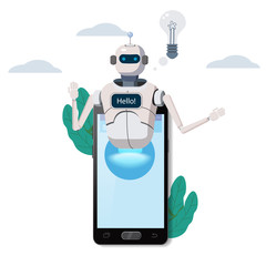 Free Chat Bot, Robot Virtual Assistance On Smartphone Say Hello Element Of Website Or Mobile Applications, Artificial Intelligence Concept Cartoon Vector Illustration