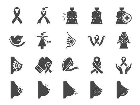 Breast Cancer Sign Icon Set. Included Icons As Ribbon, Awareness, Symptoms, Nipple And More.