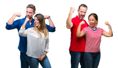 Obraz premium Collage of young and mature couple in love over isolated background showing arms muscles smiling proud. Fitness concept.