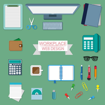 workplace concept, working place design in a flat style, workplace equipment, computer, laptop, phone, calculator, desktop accessories, stationery elements, work icons, vector graphics to design