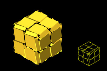 Abstract polygonal broken cube.  3d Vector illustration. Isometric projection.