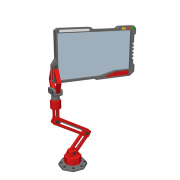 Robotic arm with futuristic monitor. 3d Vector illustration.