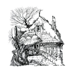 Obraz premium Old house, ruin. Ink drawing