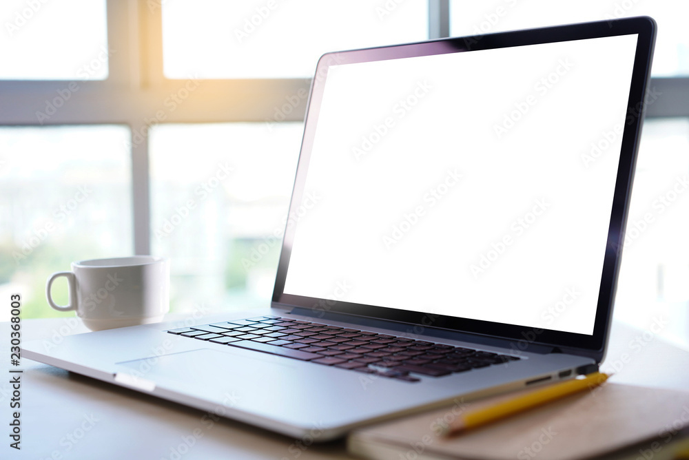 Poster mock up using laptop with blank screen computer modern
