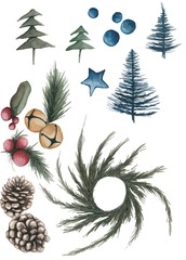 Christmas mood. Hand drawn water color illustration. A set of objects in Chrismas theme. Spruces, branches, pine cones, red berries and bells on the white background.