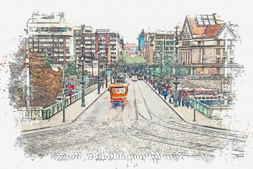 Sketch with watercolor or illustration of a traditional old tram moving down the street in Prague in the Czech Republic.