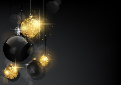 Dark Christmas Background with Black and Golden Baubles - Black Abstract  Background with Bokeh Effect and Sparkling Effect, Vector Illustration  Stock Vector | Adobe Stock