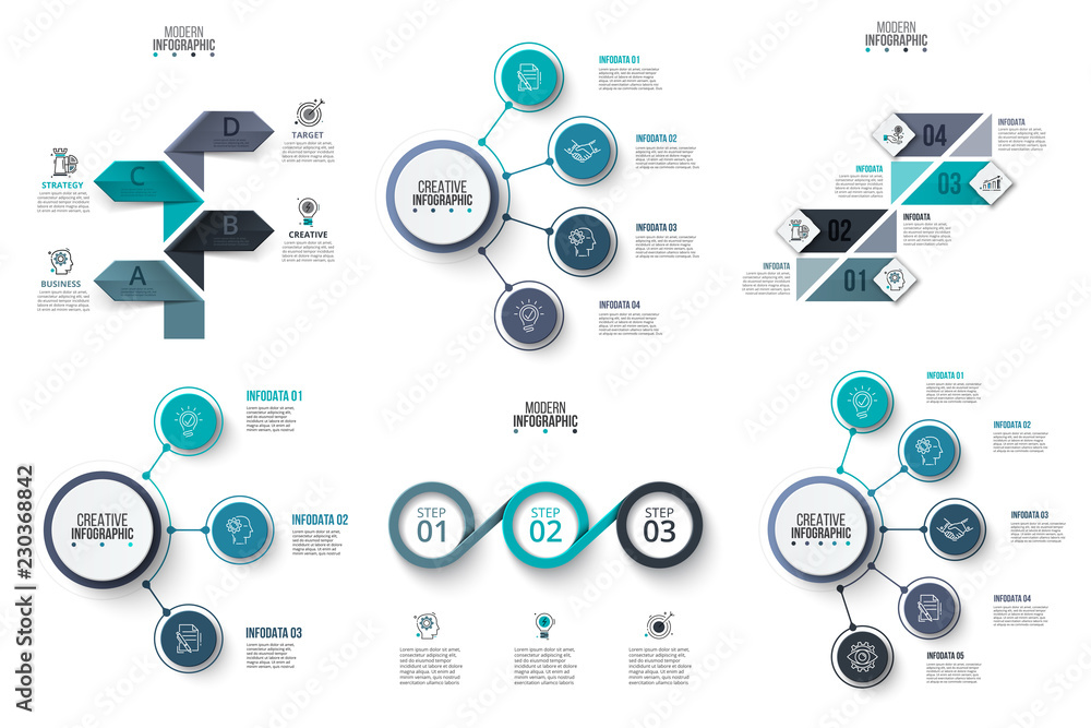 Aufkleber Vector infographic design template. Business concept with 3, 4 and 5 options, parts, steps or processes. Can be used for workflow layout, diagram, number options, web design. Data visualization.