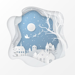 Vector winter night scene with fir trees, houses, moon, santa's sleigh, deers and snow in carving art style. Festive layered background with 3D realistic paper-cut of Christmas Village and snowfall.