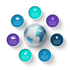 Vector circle elements with earth for infographic. Template for cycle diagram, graph, presentation and round chart. Business concept with 7 options, parts, steps or processes.