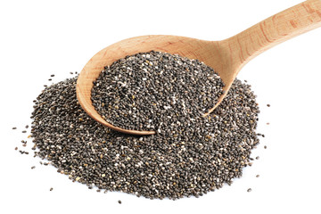 Wooden spoon with chia seeds on white background.