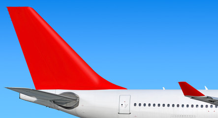 Modern passenger jet aircraft side tail silhouette with aircraft parts wing winglet passenger window aft exit stabilizer fin antenna jet engine exhaust design air travel isolated on sky red scheme