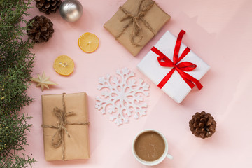 Christmas background with gifts and Christmas tree tea cup fruit