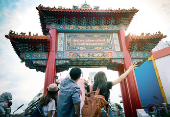 Traveler are arriving at the front of china town gateway in Thailand