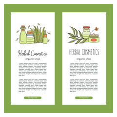 Herbal cosmetics, natural oil. Vector hand drawn illustration for natural eco cosmetics store. Natural aloe products.