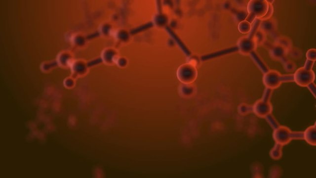 Molecule structure under microscope, floating in fluid with orange background