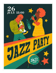 Poster music festival, retro party in the style of the 70's, 80's. Jazz party. Afro musician plays the trumpet. Afro woman singing. Vector illustration.
