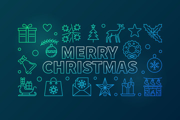 Merry Christmas colored thin line vector horizontal illustration