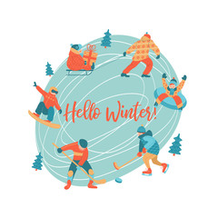 Hello winter. Vector illustration, postcards. People at the rink playing hockey, skating, sledding, snowboarding, snowboarding. Dad carries a child on a sled.