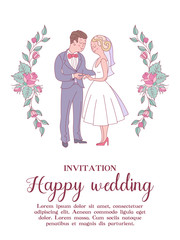 Happy wedding. Wedding vector card, invitation. Bride and groom surrounded by pink flowers.