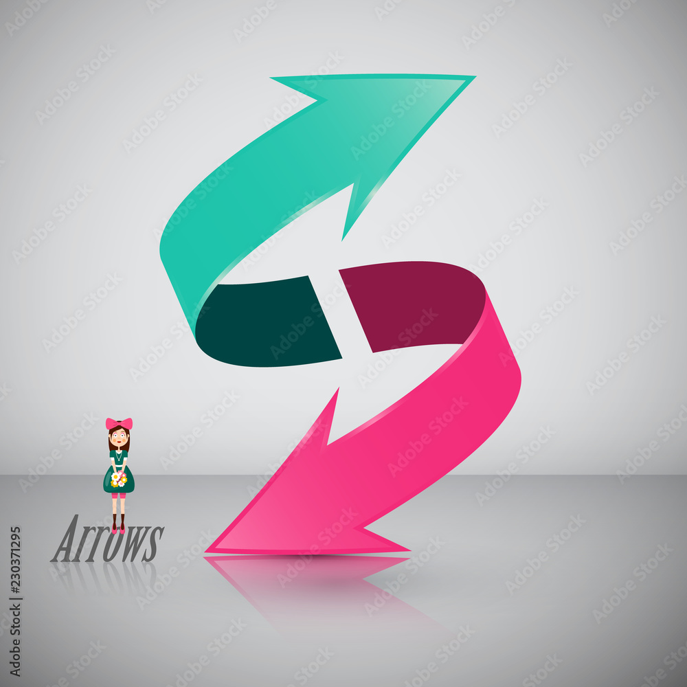 Poster double 3d arrow symbol with girl. vector icon.