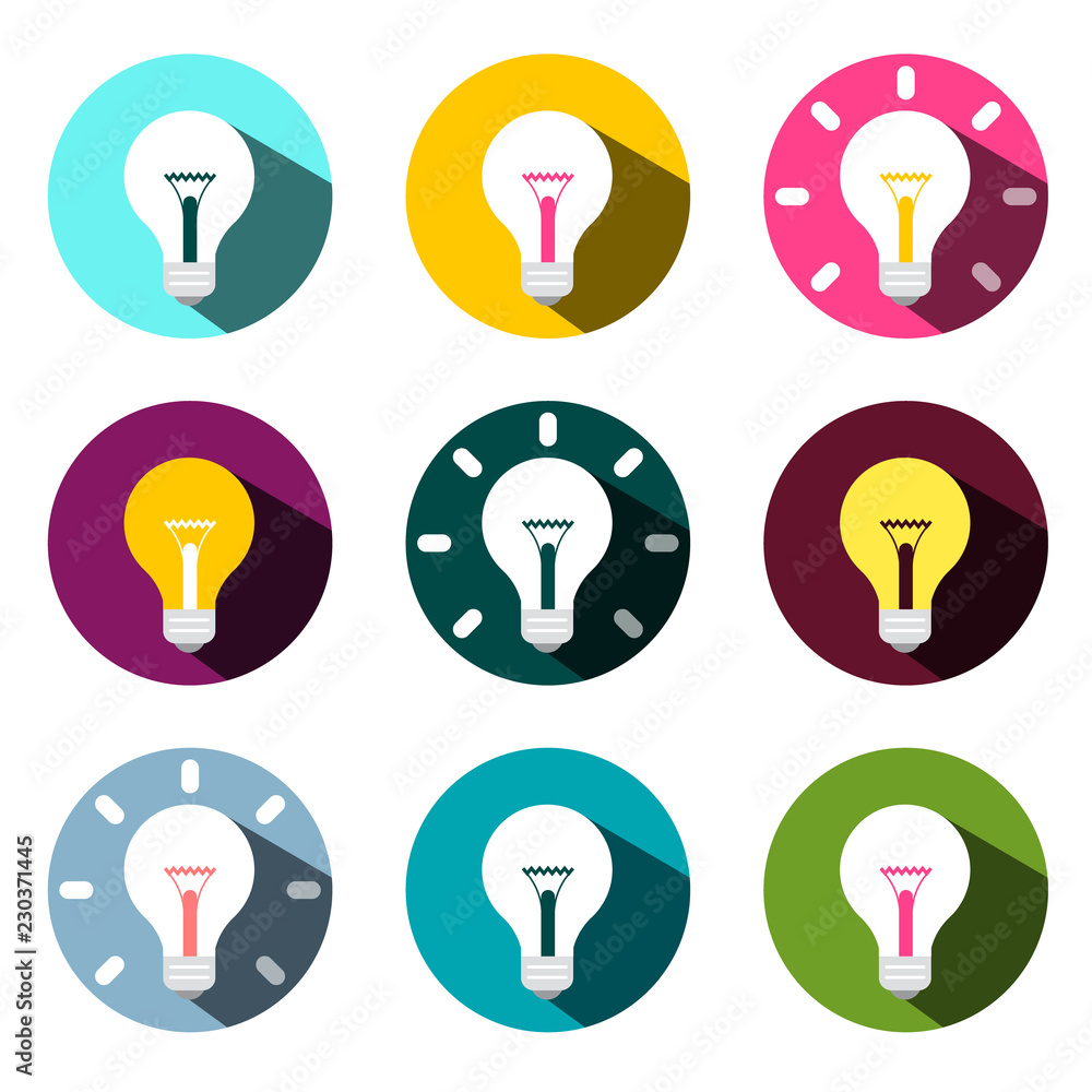 Poster bulb icons set isolated on white background. flat design colorful vector lightbulbs in circles.