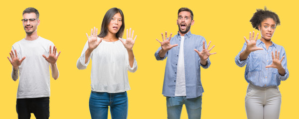 Obraz premium Collage of group people, women and men over colorful yellow isolated background afraid and terrified with fear expression stop gesture with hands, shouting in shock. Panic concept.