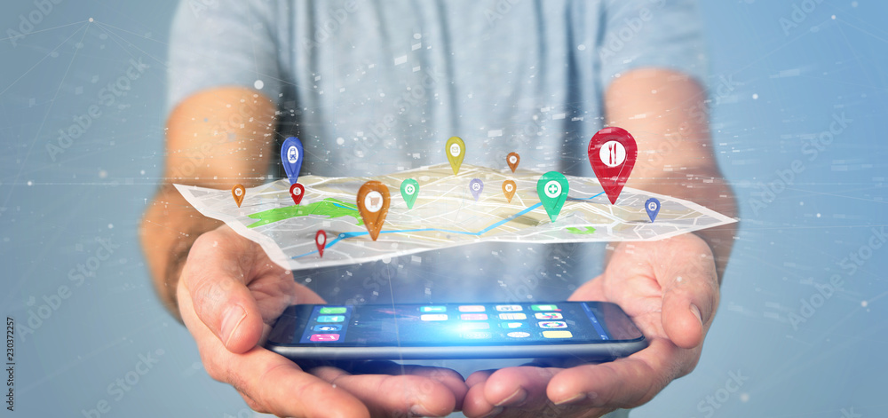 Aufkleber man holding a 3d rendering pin holder on a map