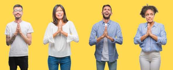 Obraz premium Collage of group people, women and men over colorful yellow isolated background begging and praying with hands together with hope expression on face very emotional and worried. Asking for forgiveness