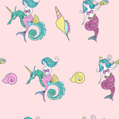 Mermaid riding a seahorse. Seamless pattern. Mythological creature. Vector illustration.
