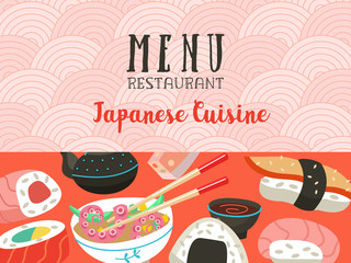 Japanese cuisine. Japanese chef. Set of Japanese traditional dishes. Vector illustration.
