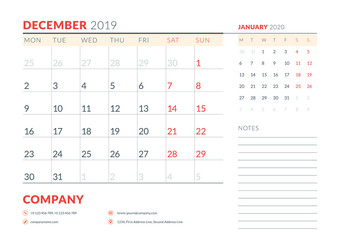 December 2019. Week starts on Monday. Calendar planner stationery design template. Vector illustration