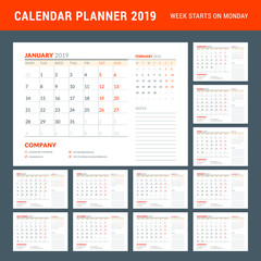 Calendar planner stationery design template. 2019 year. Week starts on Monday. Vector illustration. Set of 12 pages