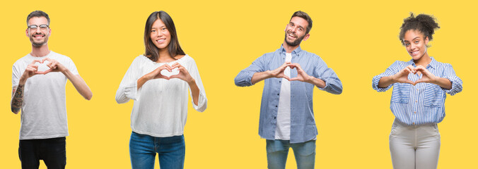 Collage of group people, women and men over colorful yellow isolated background smiling in love showing heart symbol and shape with hands. Romantic concept.