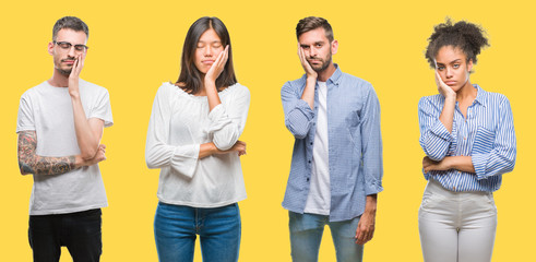 Obraz premium Collage of group people, women and men over colorful yellow isolated background thinking looking tired and bored with depression problems with crossed arms.