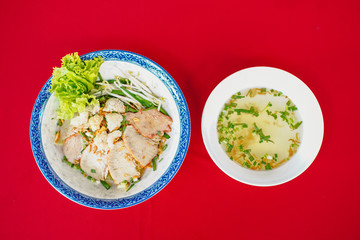 Vietnamese Noodles with Pork and Shrimp Recipe bowl on the red carpet 
