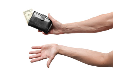 Male hand is holding an empty wallet isolated on the white background. Lack of money.