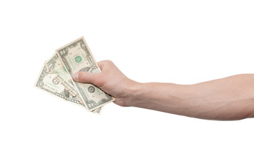 Male hand is holding a crumpled money isolated on white background.