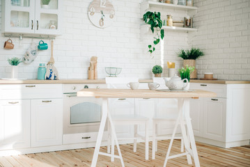 Stylish modern white kitchen. Background for cards.