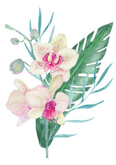 Watercolor bouqet with orchids and tropic leaves. Hawaiian exotic illustrations for greeting card, wedding, wallpaper.