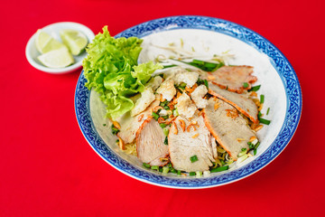 Vietnamese Noodles with Pork and Shrimp Recipe bowl on the red carpet 